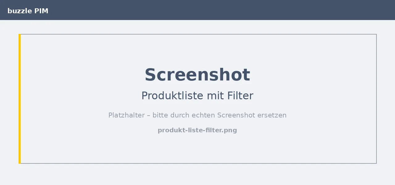 Produktliste im buzzle PIM mit Filterpanel nach Name, GTIN, Produkt-Status und Chargen-Status